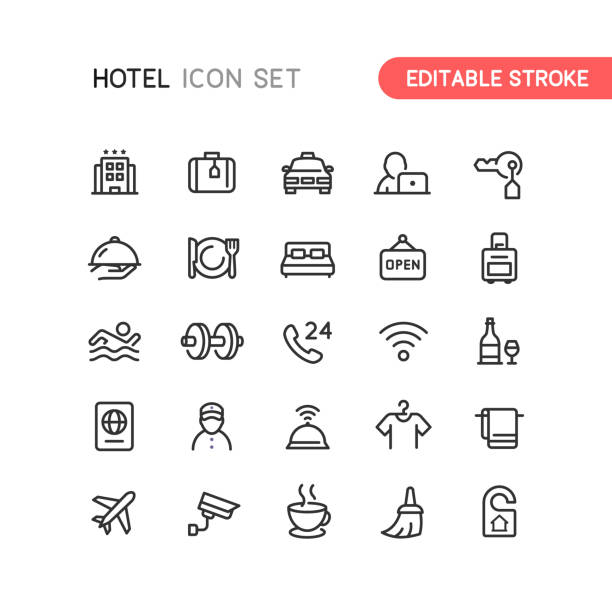 ilustraciones, imágenes clip art, dibujos animados e iconos de stock de iconos de contorno del hotel trazo editable - hotel