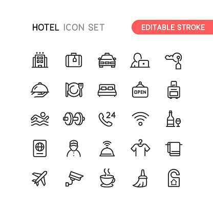 Set of hotel outline vector icons. Editable Stroke.