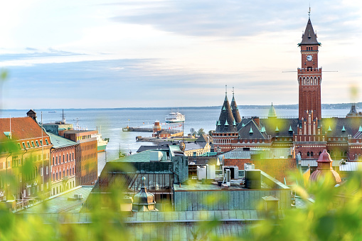 Helsingborg, Sweden -10 June 2019: View on City Hall of Helsingborg and strait between Sweden and Denmark