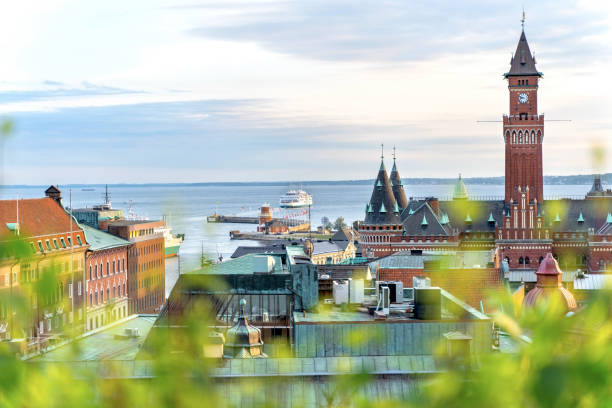 City Hall of Helsingborg and city view and and strait between Sweden and Denmark stock photo