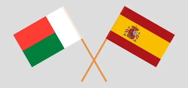 Vector illustration of Crossed flags of Madagascar and Spain