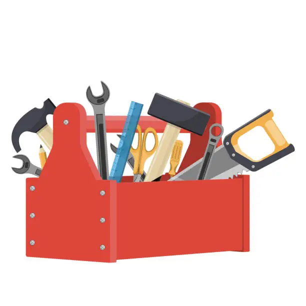 Vector illustration of Cartoon red toolbox with saw, scissors, hammers, screwdriver, wrench ... . Vector illustration