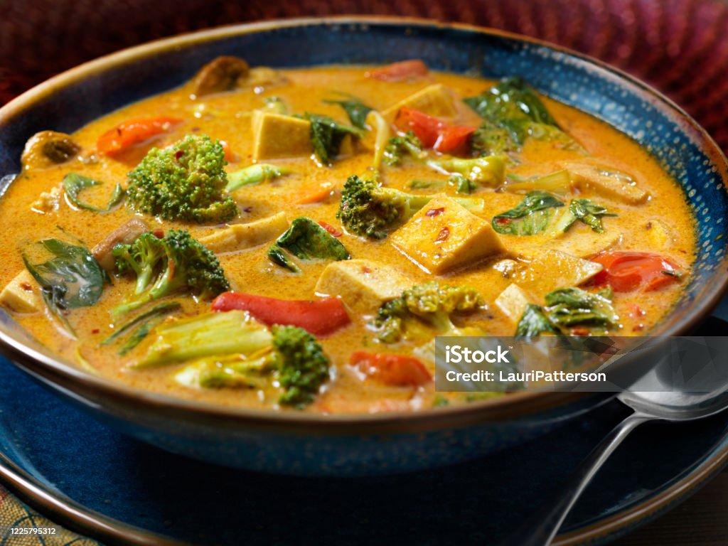 Tofu Curry Soup with Vegetables Curry Powder Stock Photo