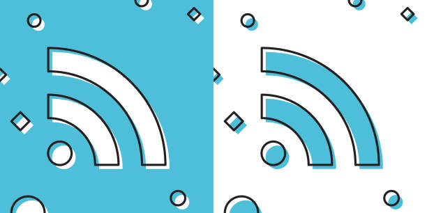 Black RSS icon isolated on blue and white background. Radio signal. RSS feed symbol. Random dynamic shapes. Vector Illustration Black RSS icon isolated on blue and white background. Radio signal. RSS feed symbol. Random dynamic shapes. Vector Illustration rss feeds stock illustrations