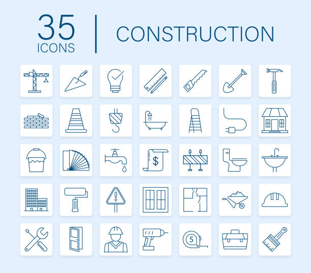 ilustrações de stock, clip art, desenhos animados e ícones de outline web icons set. construction and home repair tools, building. work safety. vector stock illustration. - 7595