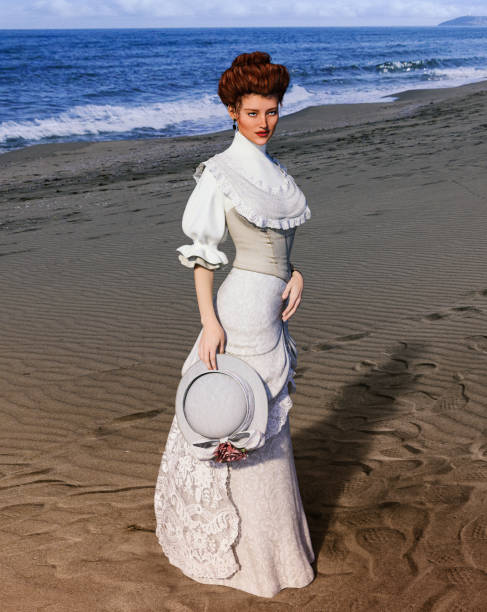 Portrait of an elegant woman at the beach Portrait of an elegant woman at the beach on a summer day, Regency dress, 3d render civilized stock pictures, royalty-free photos & images