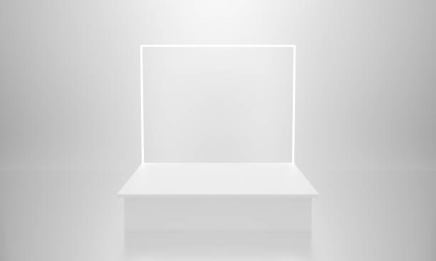 istock 3d white podium abstract background with neon shining light for banner, display on website. Cube pedestal isolated on white background with glow light. luxury minimal interior. White stand table. 1225798942