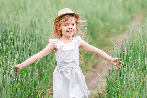 Portrait of a little blonde girl at sunset in a field. A little girl runs in the summer on the village field. A preschool child in a white dress enjoys spring and summer.
