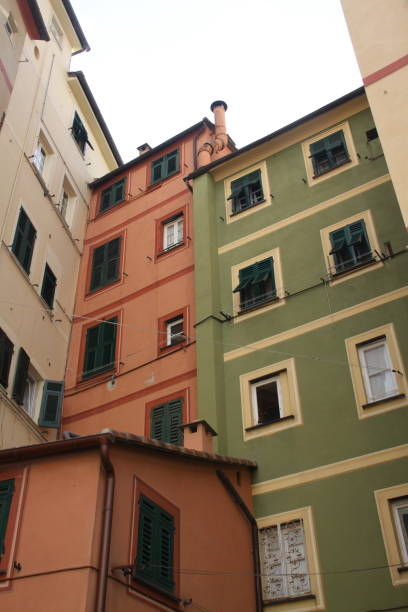 istock Old pink and green houses 1225800136