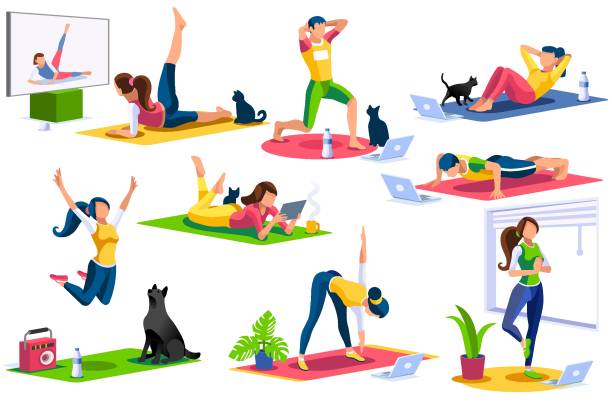 Home Sports Vector Isometric People Collection Girl wellness, sports at home by workout doing. Healthy workout for the body, home indoor sports for female wellness. Training female indoors for body health concept. Cartoon style vector illustration cartoon of the clothes line stock illustrations