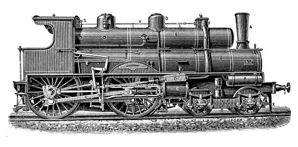 istock Antique illustration of scientific discoveries, experiments and inventions: Steam train locomotive 1225801084