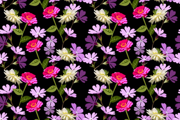 istock Vector seamless floral pattern with realistic flowers of zinnia, white dahlia, primrose on a black background. Summer print for design textile, wallpaper, wrapping paper. 1225801185