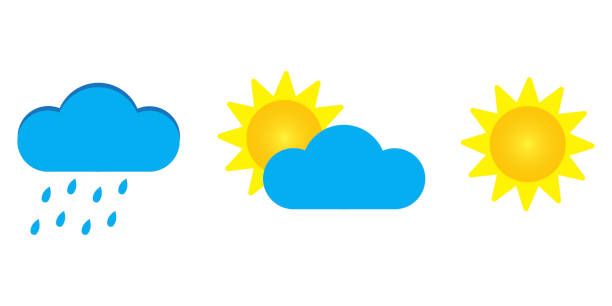 istock Weather set: cloud with rain, the sun behind the cloud, bright sun. Vector illustration of different weather. Stock Photo. 1225805645
