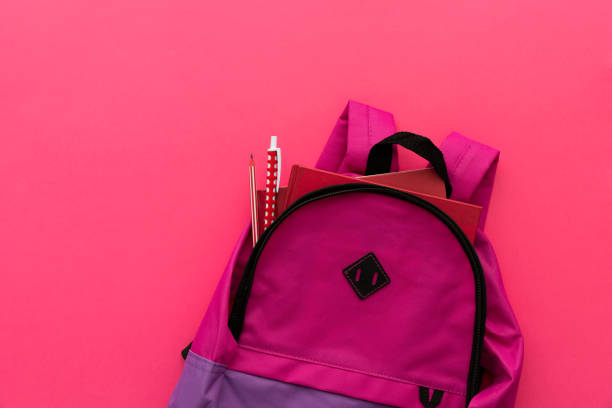 istock Back to school concept. Backpack with school supplies on pink background. Top view. Copy space 1225806134
