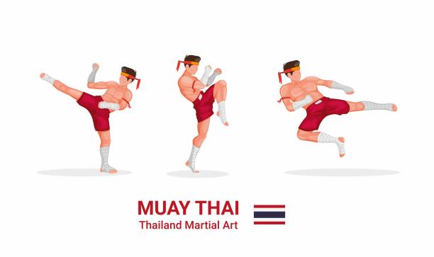 ilustraciones, imágenes clip art, dibujos animados e iconos de stock de muay thai - boxeo tailandés arte marcial tradicional de tailandia figura colección icono conjunto en vector de ilustración plana de dibujos animados aislado en fondo blanco - muay thai