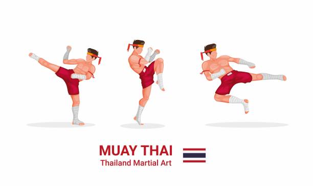 Muay Thai - Thai boxing traditional martial art from Thailand figure collection icon set in cartoon flat illustration vector isolated in white background Muay Thai - Thai boxing traditional martial art from Thailand figure collection icon set in cartoon flat illustration vector isolated in white background violence boxing fighting combative sport stock illustrations
