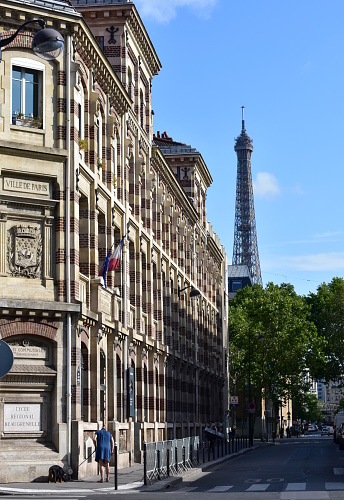 Paris, France. August 13, 2019. View of Tour Eiffel from nearby street with trees on a sunny day.
