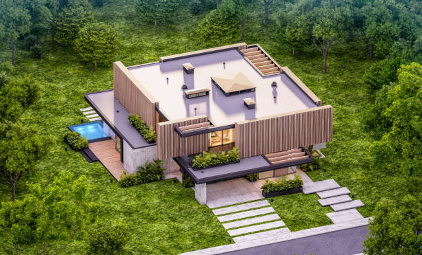 istock 3d rendering of modern house with wood plank facade in evening 1225807637
