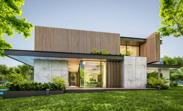 istock 3d rendering of modern house with wood plank facade in evening 1225807665