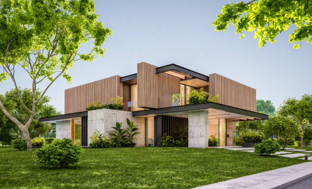 istock 3d rendering of modern house with wood plank facade in evening 1225807667