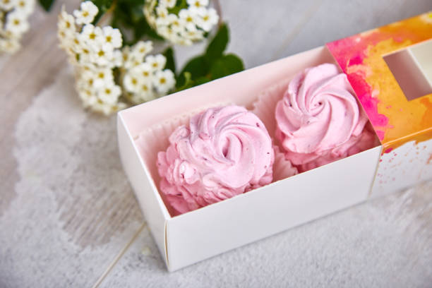 istock Gift box with homemade pink color marshmallows. 1225808590