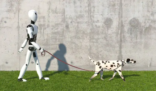 Photo of A humanoid robot walks a Dalmatian breed dog with a leash on the lawn. Replacing human labor with robotics. Future concept with smart robotics and artificial intelligence. 3D rendering.