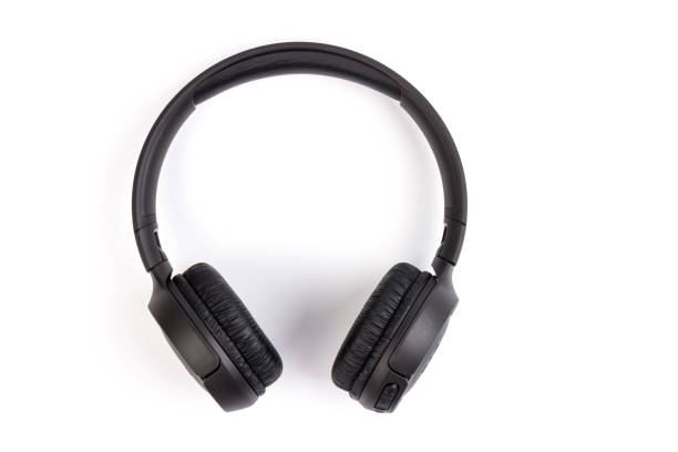 istock Black wireless headphones on white background.  Advanced acoustic stereo sound system 1225810815