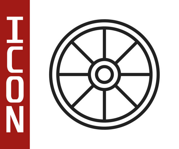 ilustrações de stock, clip art, desenhos animados e ícones de black line old wooden wheel icon isolated on white background. vector illustration - covered wagon