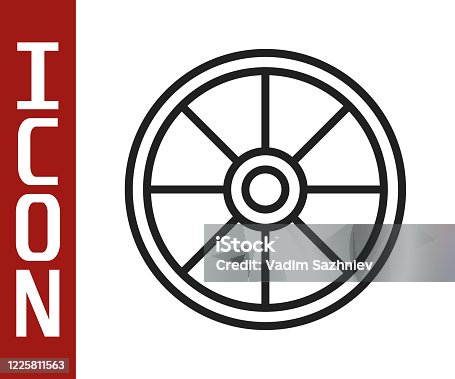 istock Black line Old wooden wheel icon isolated on white background. Vector Illustration 1225811563