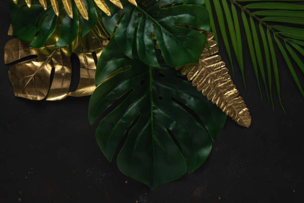 istock Creative layout with gold and green tropical palm leaves on black background. Minimal summer abstract pattern. 1225813785