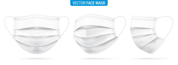 Surgical face mask vector illustration. Surgical face mask vector illustration. White medical protective masks from different angles, isolated on white. Corona virus protection mask with ear loop, in a front, three-quarters, and side views. face mask stock illustrations