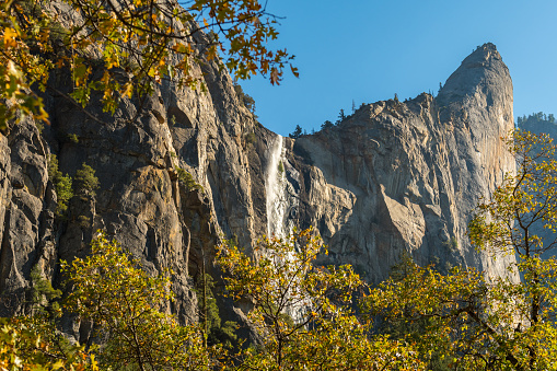 The view of Bridalveil Waterfall from Southside Drive in Yosemite National Park, California, USA