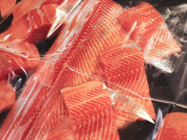 istock Fresh salmon fillets placed on display for sale. 1225816483
