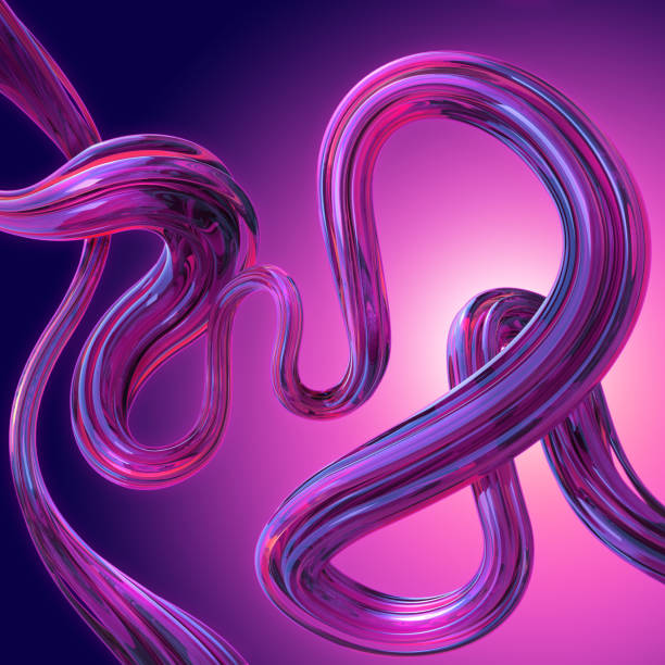 istock 3d render, abstract purple background with wavy lines, flexible shape with glass texture, loops and curves. Tangled ribbon. Caramel candy cane. Digital illustration 1225817332
