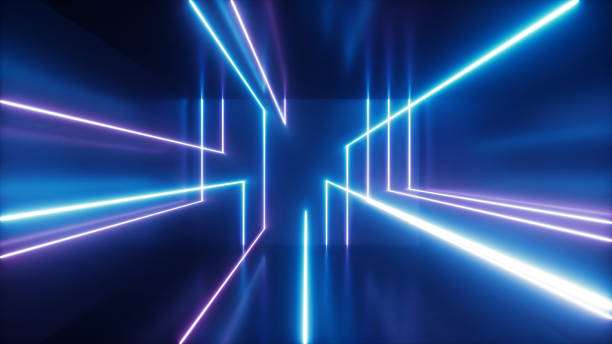 istock 3d render, abstract geometric background, pink blue violet neon glowing lines, laser rays inside dark room, ultraviolet spectrum light. Futuristic technology 1225817344