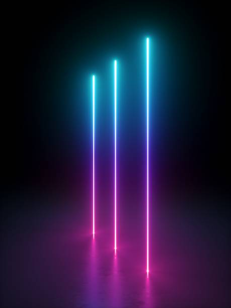 3d-render, abstrakter hintergrund mit hellem neonlicht. rosa blau violett vertikale leuchtende linien. laserstrahlen im dunkeln. futuristisches minimales geometrisches design. ultraviolettes spektrum. - light violet stock-fotos und bilder