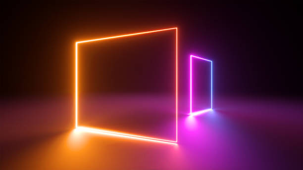 3d render, abstract colorful neon light background. Performance stage laser show illumination. Rectangular geometric shapes, blank square frames, virtual reality. Glowing lines. Modern minimal design stock photo