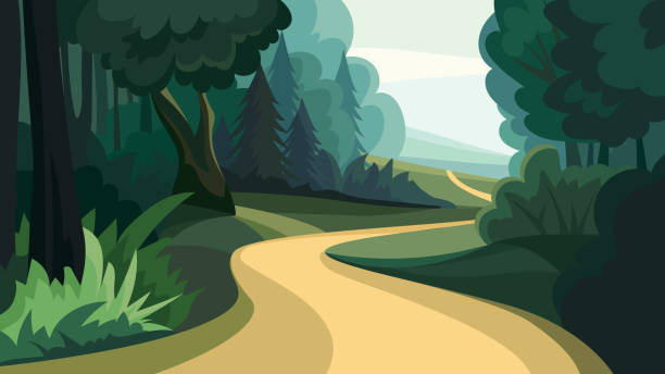 ilustraciones, imágenes clip art, dibujos animados e iconos de stock de hermoso paisaje forestal. - woods