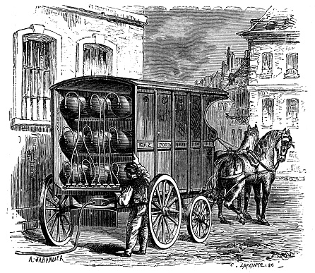Antique illustration of scientific discoveries, experiments and inventions: Lighting gas transportation