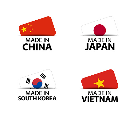 Set of four Chinese, Japanese, Korean and Vietnamese stickers. Made in China, Made in Japan, Made in South Korea and Made in Vietnam. Simple icons with flags isolated on a white background
