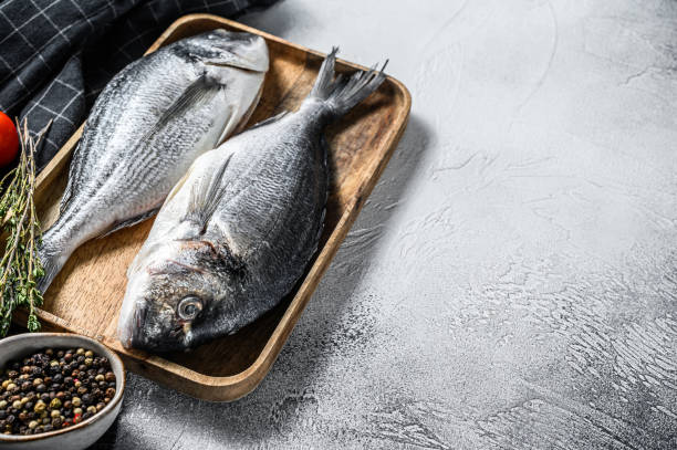 istock Raw sea bream fish with cooking ingredients, cherry tomatoes, thyme, pepper. Gray background. top view.  Copy space 1225825097