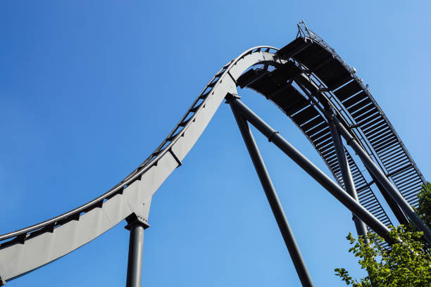 istock Rollercoaster track against a brilliant blue sky 1225828429