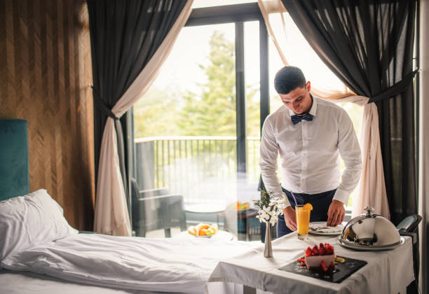 istock Room service breakfast tray in hotel room 1225828531