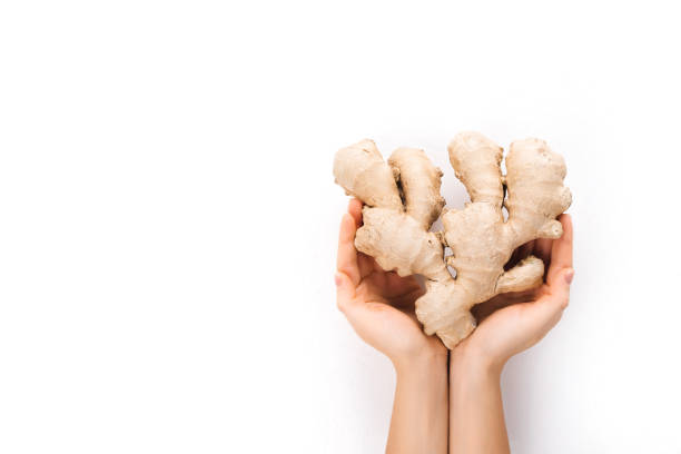 istock Fresh ginger in hand on white background, herb medical concept 1225829400