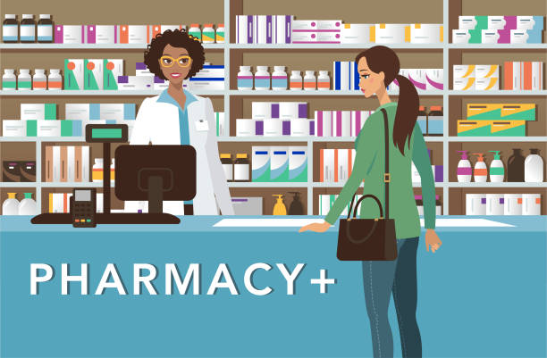 Cheerful pharmacist at drugstore Young cheerful woman pharmacist at drugstore and a pharmacy customer. pharmacy store stock illustrations