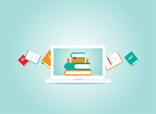 istock white laptop with stack of colorful books. Isolated on powder blue background. 1225829767