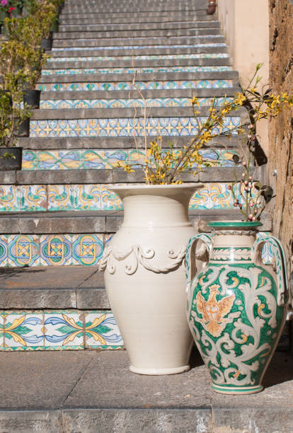 View of a colored ceramic vase from Caltagirone in its famous staircase