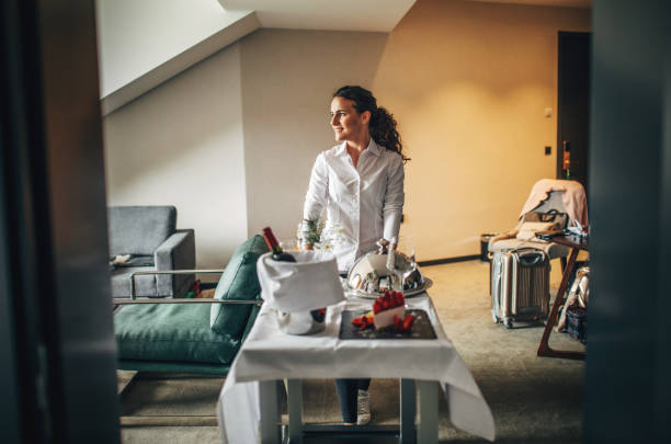 Room service breakfast tray in hotel room Room service breakfast tray in hotel room room service stock pictures, royalty-free photos & images