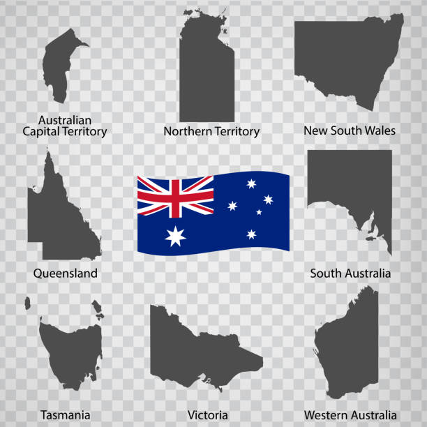 osiem map stanów australii - kolejność alfabetyczna z nazwą. każda mapa stanów australia są wymienione i odizolowane z sformułowania i tytułów.  eps 10. - alphabetical order obrazy stock illustrations
