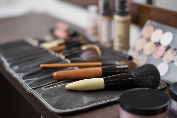 istock Set of cosmetic brushes in a black leather case. 1225832989